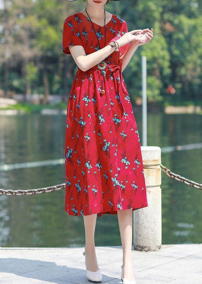 Modern V Neck Tie Waist Linen Cotton Clothes Work Red Print Dress Summer