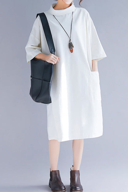 Modern White Knit Tunics High Neck Half Sleeve Baggy Spring Dress