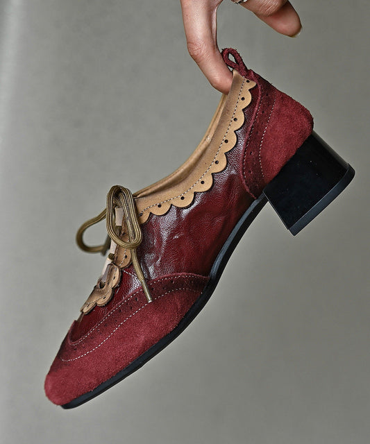 Mulberry Cowhide Leather Lace Up Splicing Chunky Heel Loafer Shoes