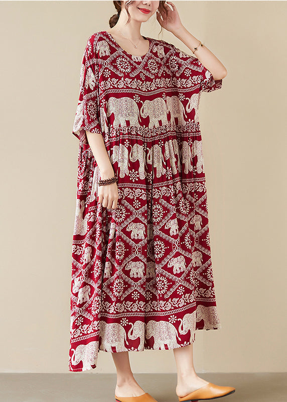 Mulberry Elephant Print Chiffon Long Dress Wrinkled Half Sleeve
