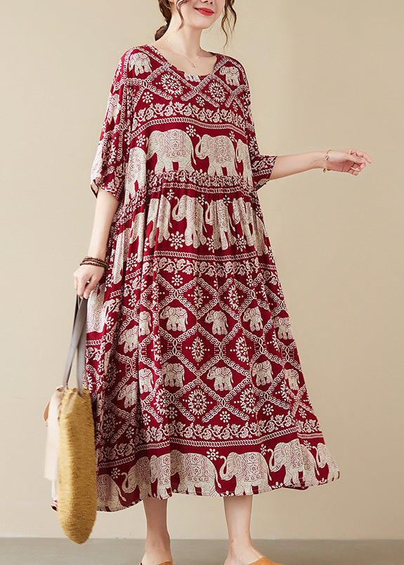 Mulberry Elephant Print Chiffon Long Dress Wrinkled Half Sleeve