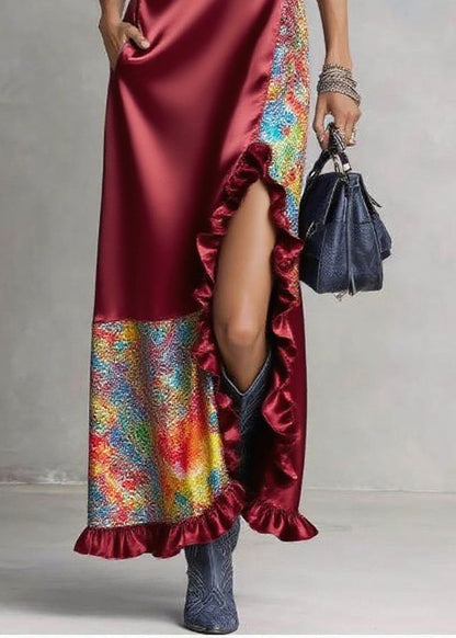 Mulberry Patchwork Ruffled Silk Dresses Asymmetrical Design Sleeveless