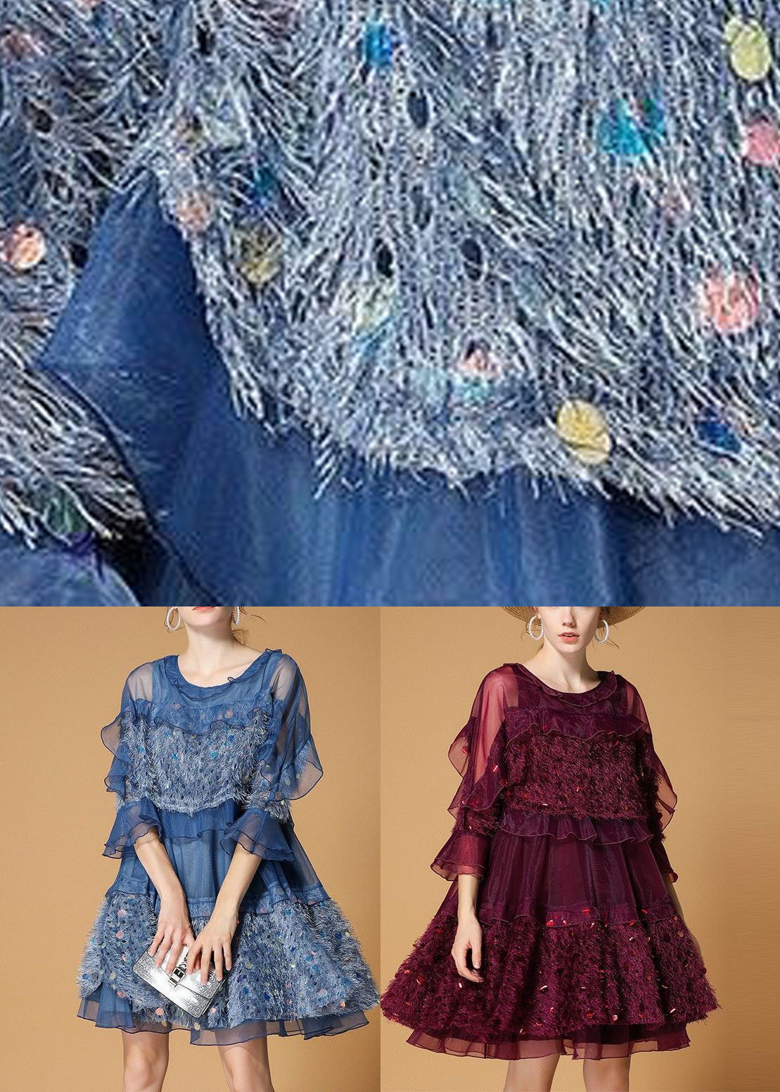 Mulberry Patchwork Tulle Dress Sequins Hollow Out Half Sleeve