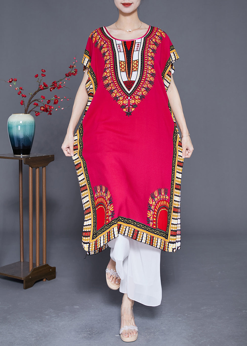 Mulberry Print Loose Cotton Dress O-neck Side Open Summer