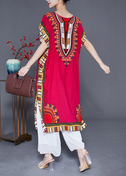 Mulberry Print Loose Cotton Dress O-neck Side Open Summer