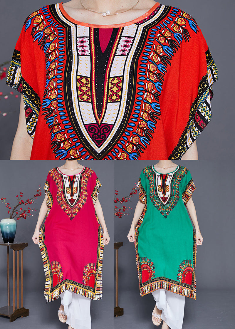 Mulberry Print Loose Cotton Dress O-neck Side Open Summer