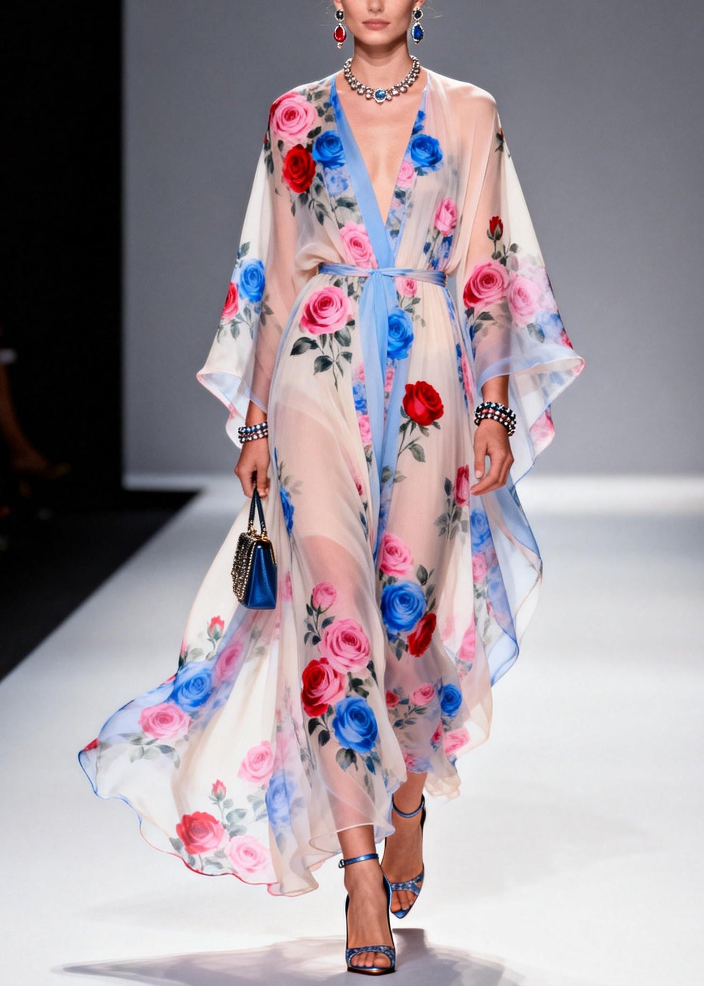 Multicolored Print Chiffon Maxi Dress Tie Waist Summer