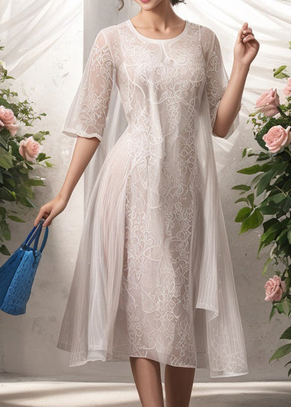 Natural Apricot O Neck Print Silk Long Dress Summer