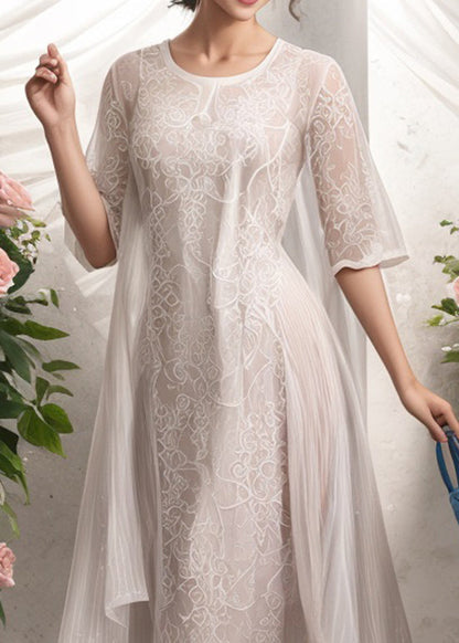 Natural Apricot O Neck Print Silk Long Dress Summer