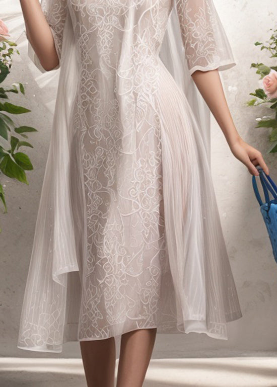 Natural Apricot O Neck Print Silk Long Dress Summer