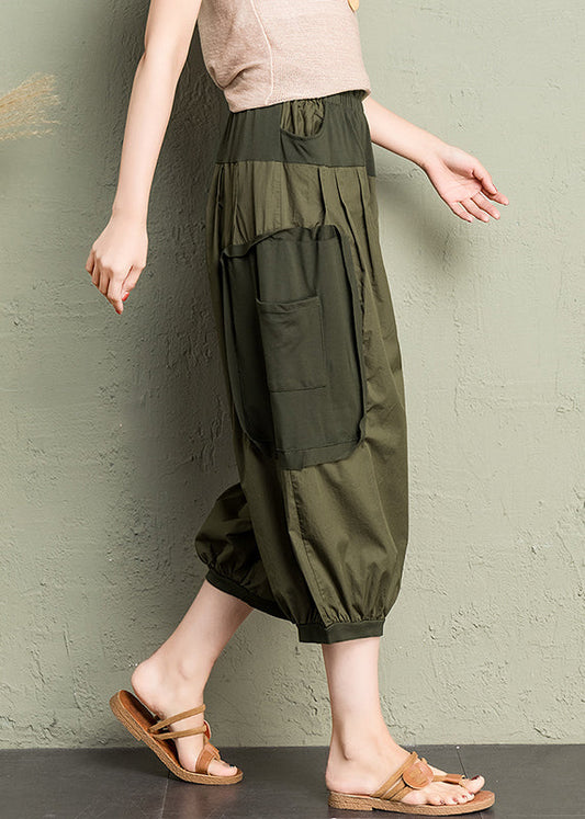 Natural Army Green Pockets Patchwork Cotton Lantern Pants Summer