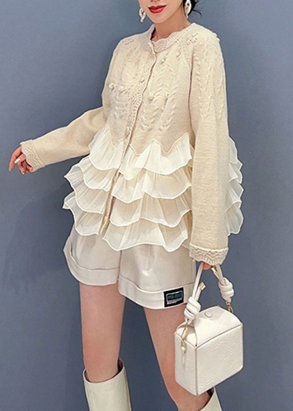 Natural Beige O-neck Tulle Patchwork Knit Top Long Sleeve