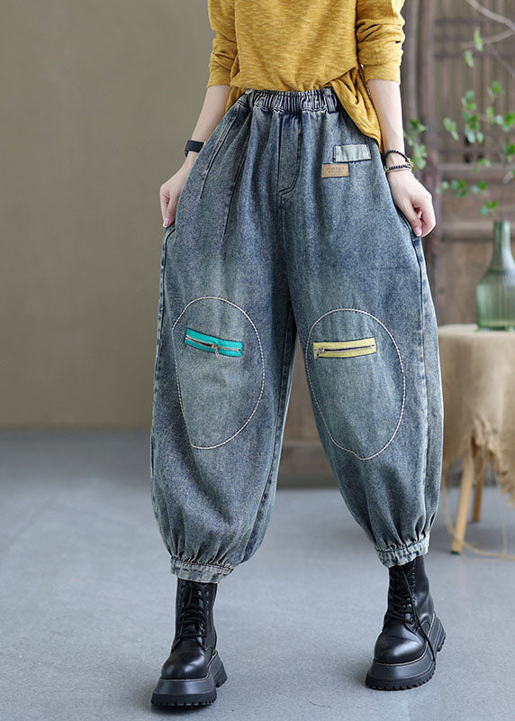 Natural Black Elastic Waist Pockets Fall Denim Pants
