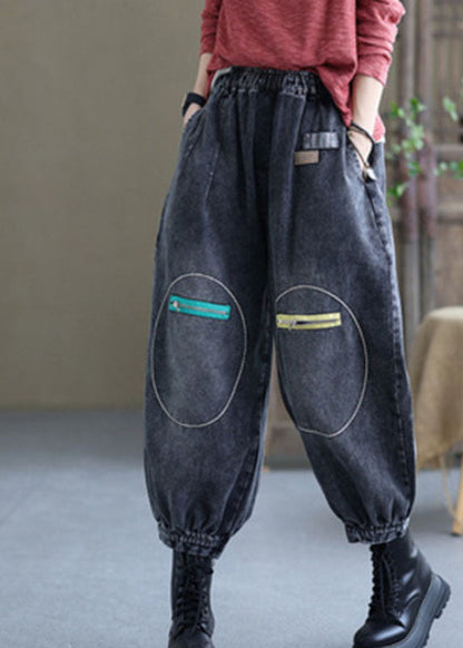 Natural Black Elastic Waist Pockets Fall Denim Pants