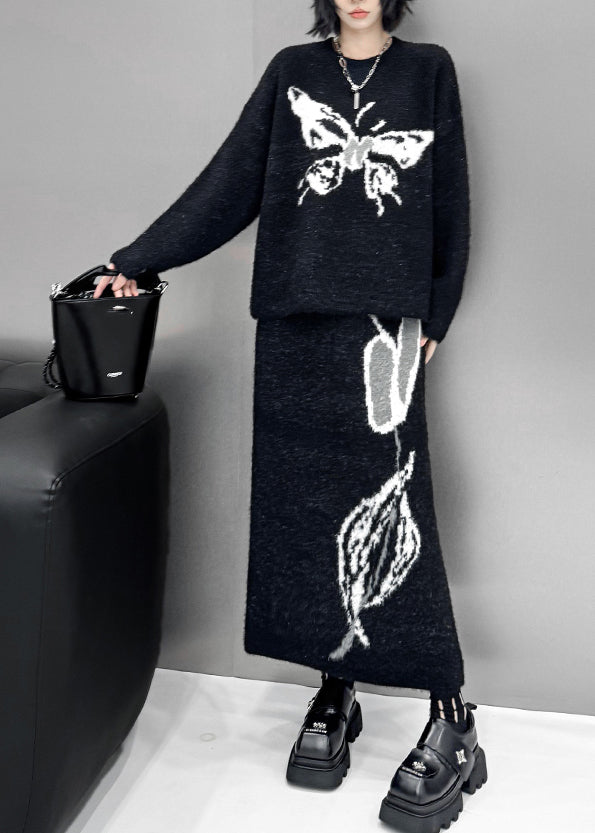 Natural Black O-neck Butterfly Print Cotton Knit Sweater and Maxi Skirts Two Pieces Sets Fall