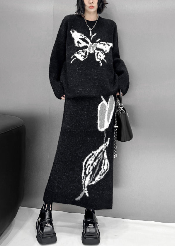 Natural Black O-neck Butterfly Print Cotton Knit Sweater and Maxi Skirts Two Pieces Sets Fall