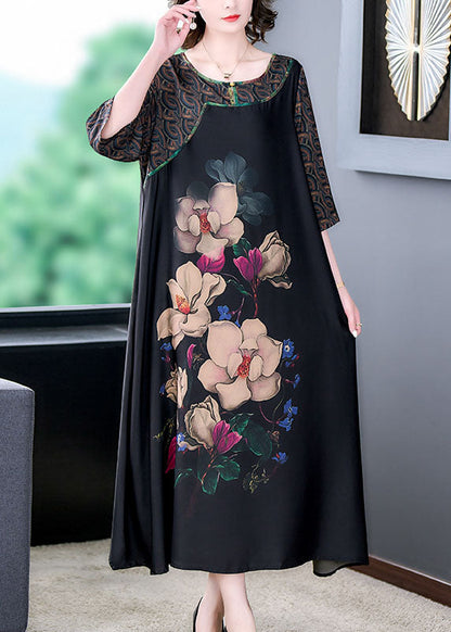 Natural Black O Neck Print Patchwork Silk Long Dresses Summer