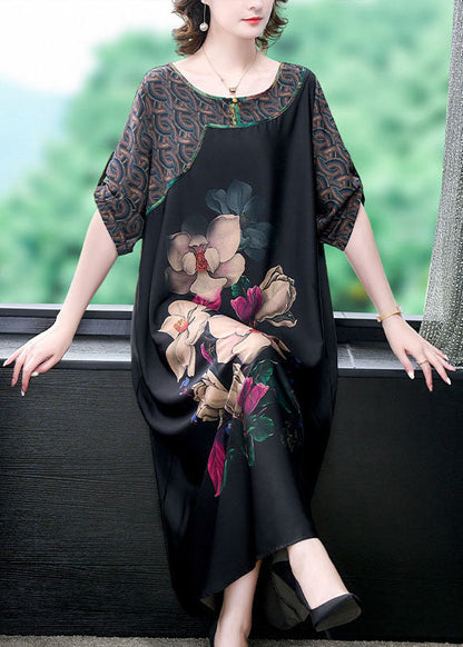 Natural Black O Neck Print Patchwork Silk Long Dresses Summer