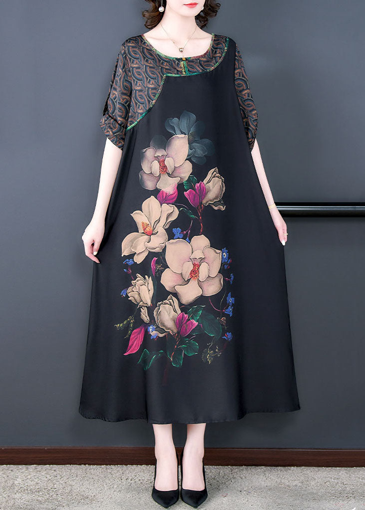 Natural Black O Neck Print Patchwork Silk Long Dresses Summer