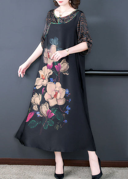Natural Black O Neck Print Patchwork Silk Long Dresses Summer