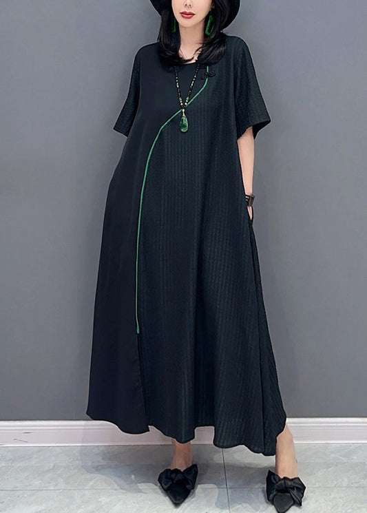 Natural Black O-neck Patchwork Long Dresses Short Sleeve