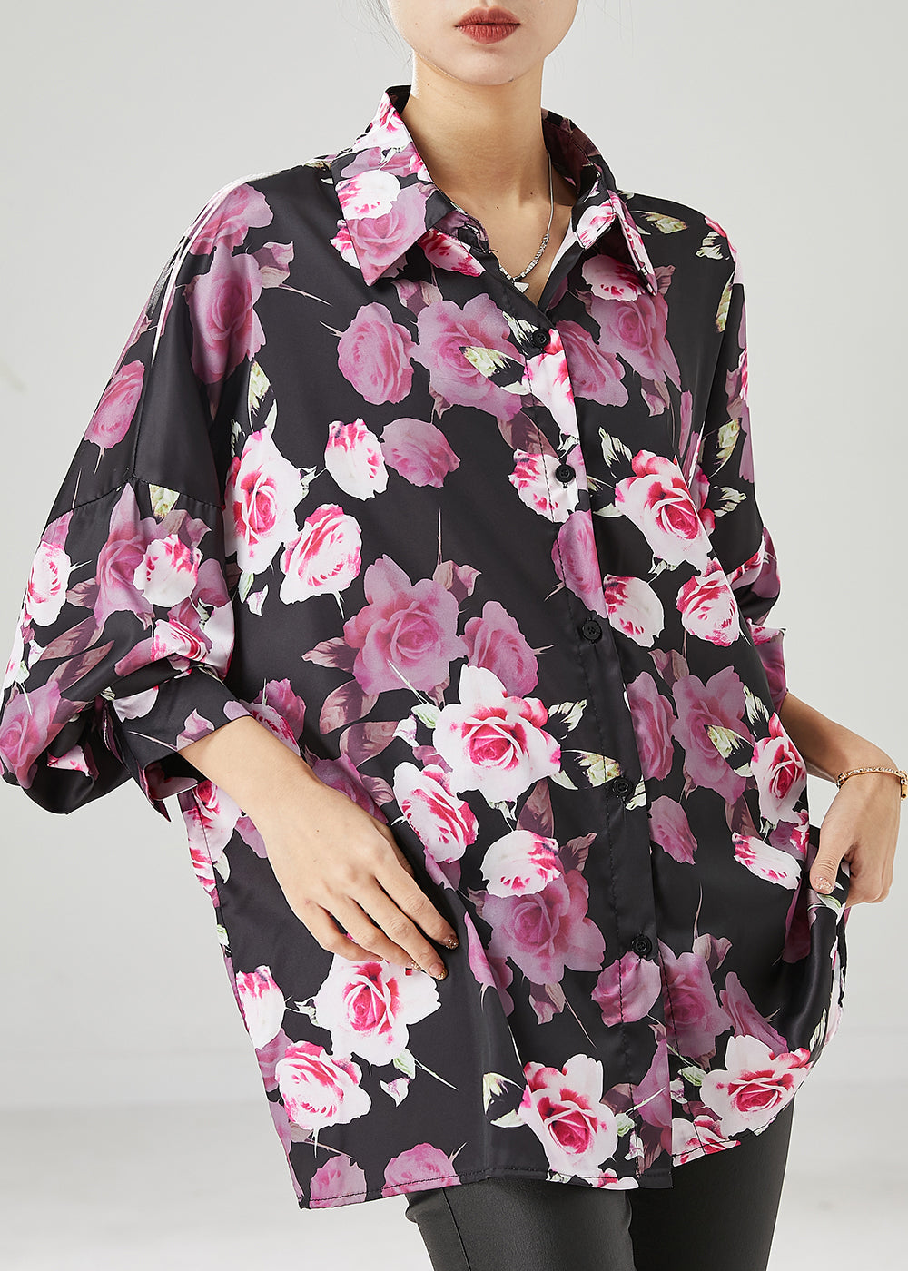 Natural Black Oversized Rose Chiffon Shirt Tops Spring