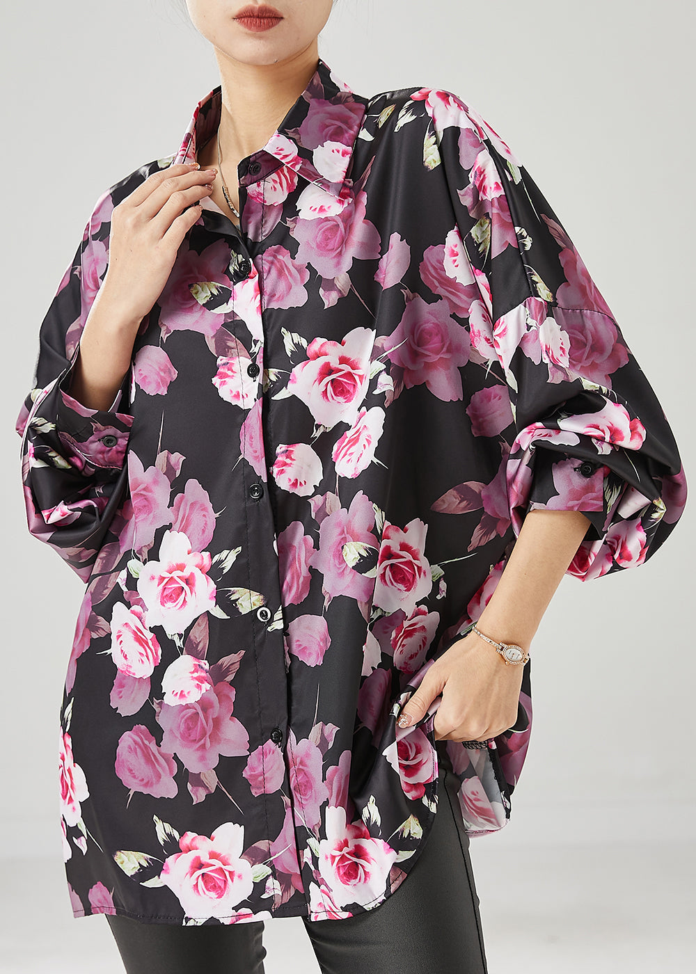 Natural Black Oversized Rose Chiffon Shirt Tops Spring