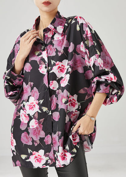 Natural Black Oversized Rose Chiffon Shirt Tops Spring