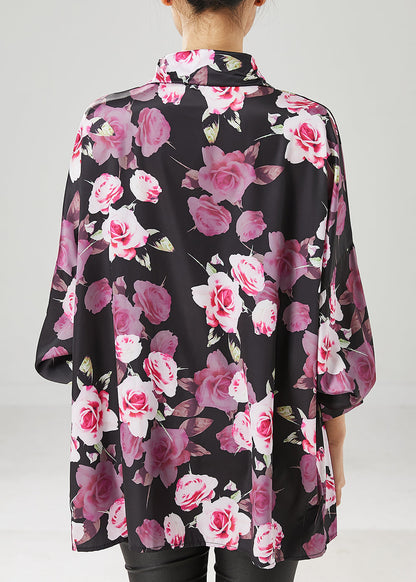 Natural Black Oversized Rose Chiffon Shirt Tops Spring