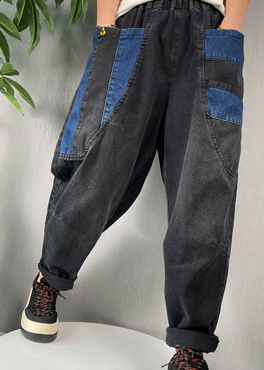 Natural Black Patchwork Denim Harem Pants Spring