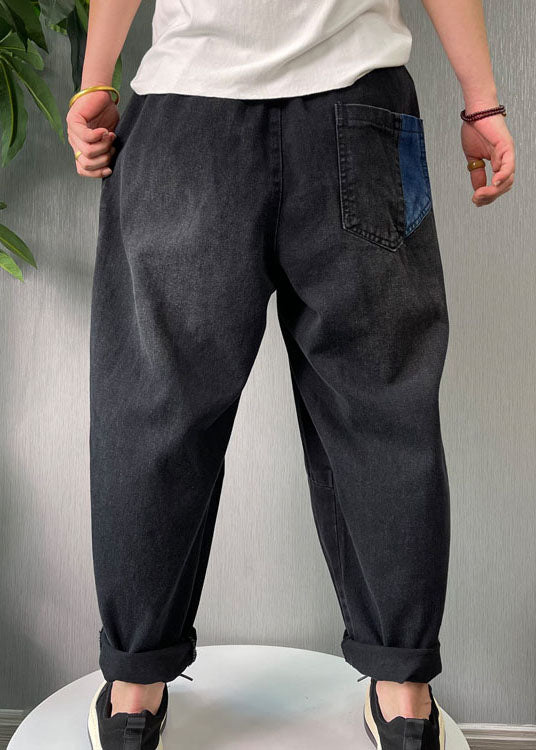 Natural Black Patchwork Denim Harem Pants Spring