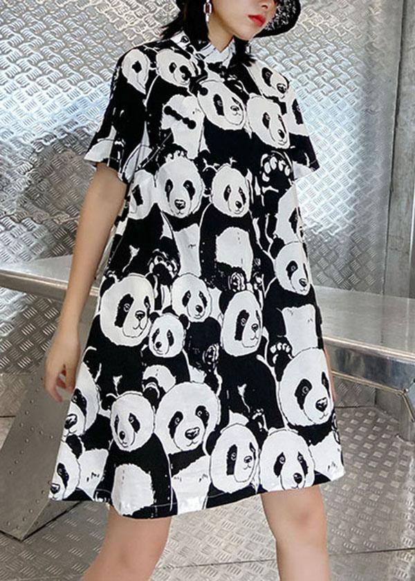 Natural Black Print a Line Long Dress Short Sleeve Cotton Summer