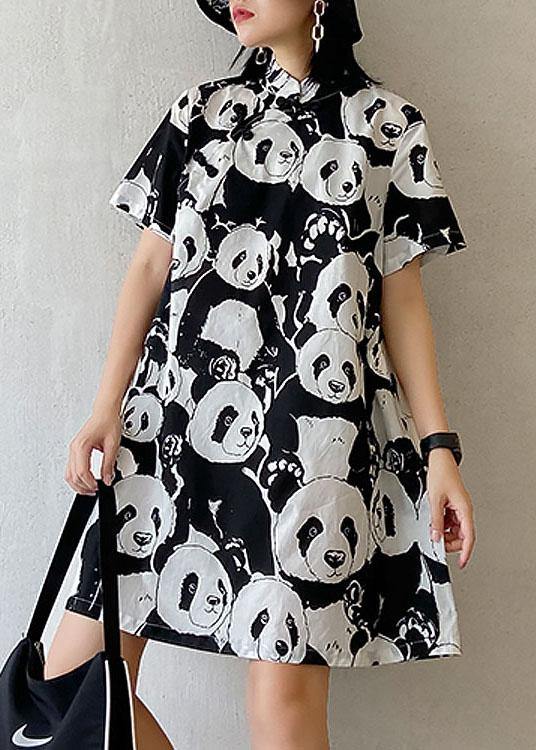 Natural Black Print a Line Long Dress Short Sleeve Cotton Summer