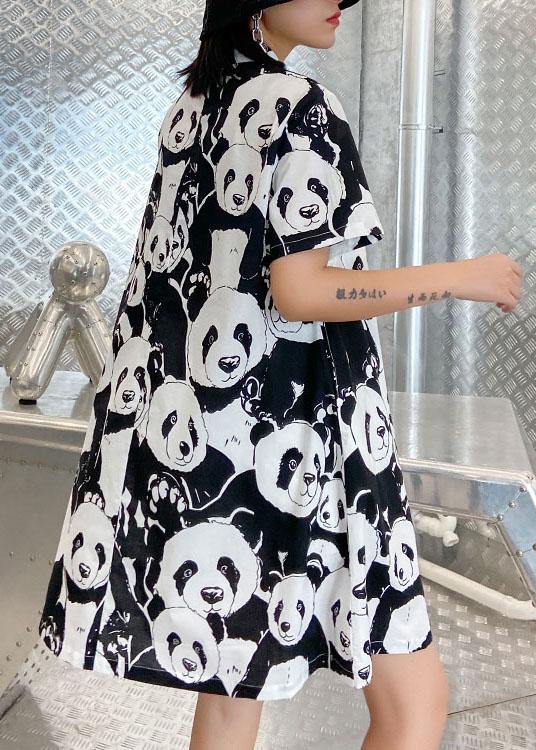 Natural Black Print a Line Long Dress Short Sleeve Cotton Summer