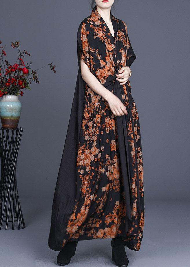 Natural Black Print Patchwork Silk Summer Maxi Dress
