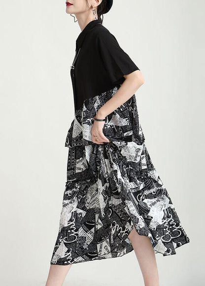 Natural Black Print Patchwork Summer Button Maxi Dresses