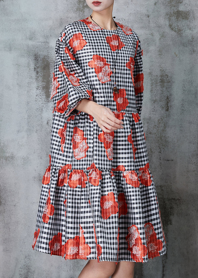 Natural Black Puff Sleeve Plaid Cotton Dresses