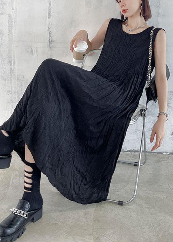 Natural Black Sleeveless Folds Maxi Dresses