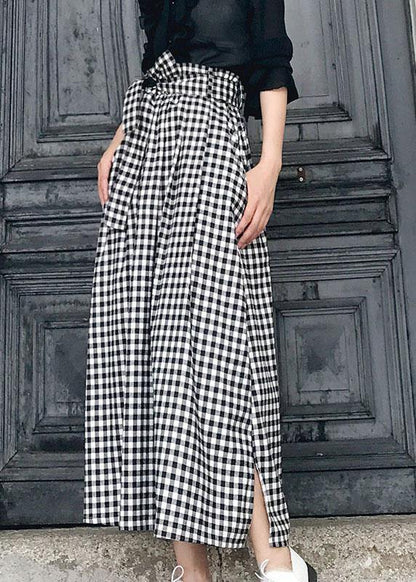Natural Black White Plaid Bow a Line Summer Skirt Cotton