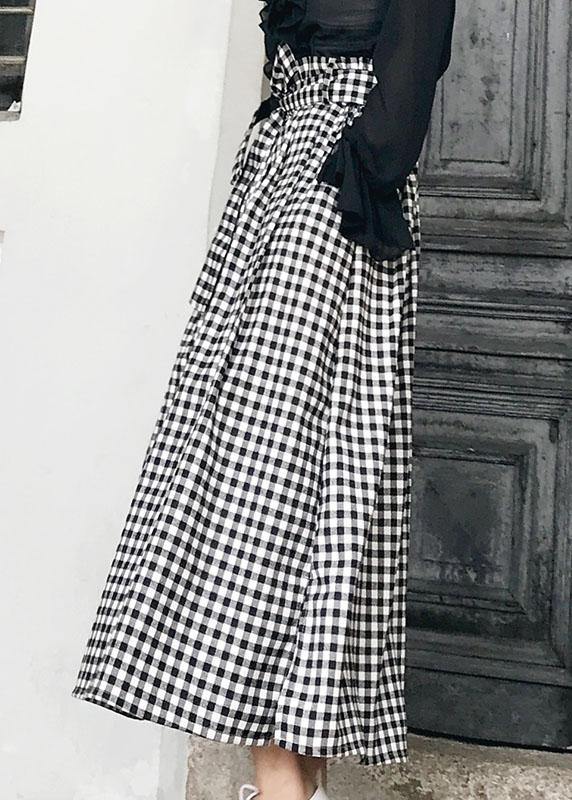 Natural Black White Plaid Bow a Line Summer Skirt Cotton
