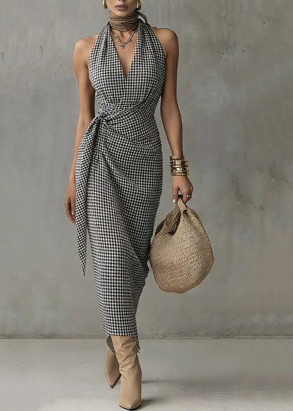 Natural Black White Plaid V Neck Tie Waist Long Dresses Summer