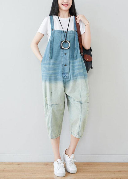 Natural Blue Pockets Button Gradient Color Fall Rompers Cotton