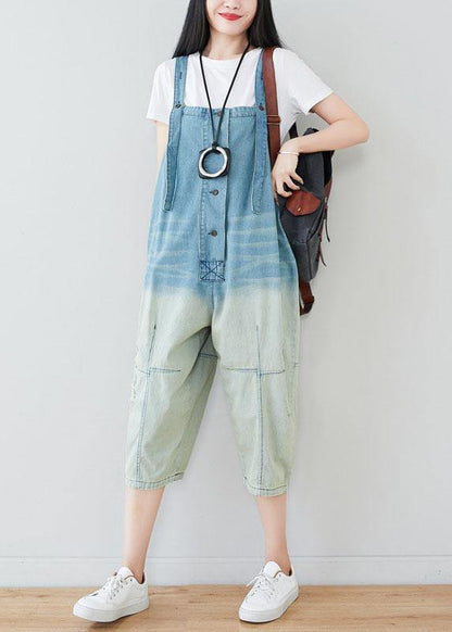 Natural Blue Pockets Button Gradient Color Fall Rompers Cotton