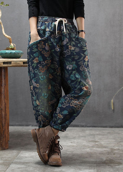 Natural Blue Cinched Print Denim Pants Winter