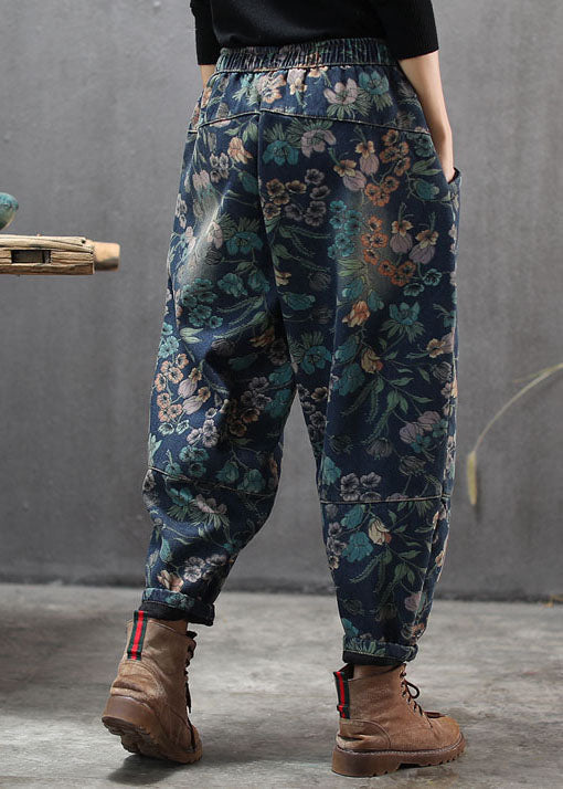 Natural Blue Cinched Print Denim Pants Winter
