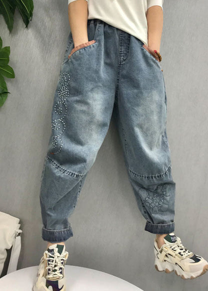 Natural Blue Embroideried Patchwork Denim Pants Spring