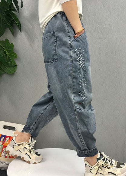 Natural Blue Embroideried Patchwork Denim Pants Spring