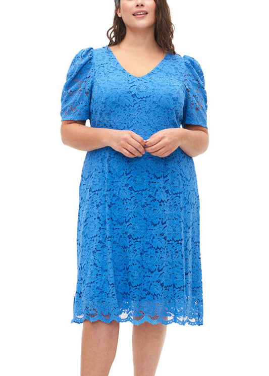 Natural Blue O-neck Hollow Out Lace Mid Dress Summer