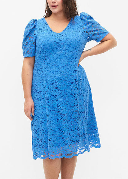 Natural Blue O-neck Hollow Out Lace Mid Dress Summer