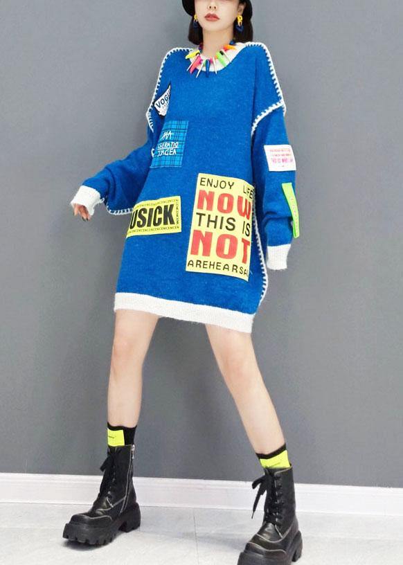 Natural Blue O-neck Patchwork Fall Long Knit Dress